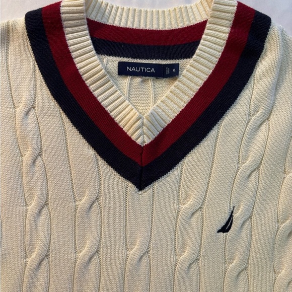 Nautica Cream and Red V-Neck Sweater with Ribbed Trim NWOT - Picture 2 of 4
